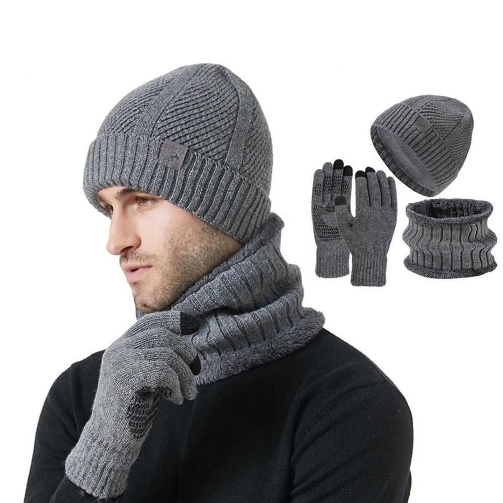 3Pcs/Set Plush Lining Knit Beanie Snood Set Warm Touchscreen Gloves for Men
