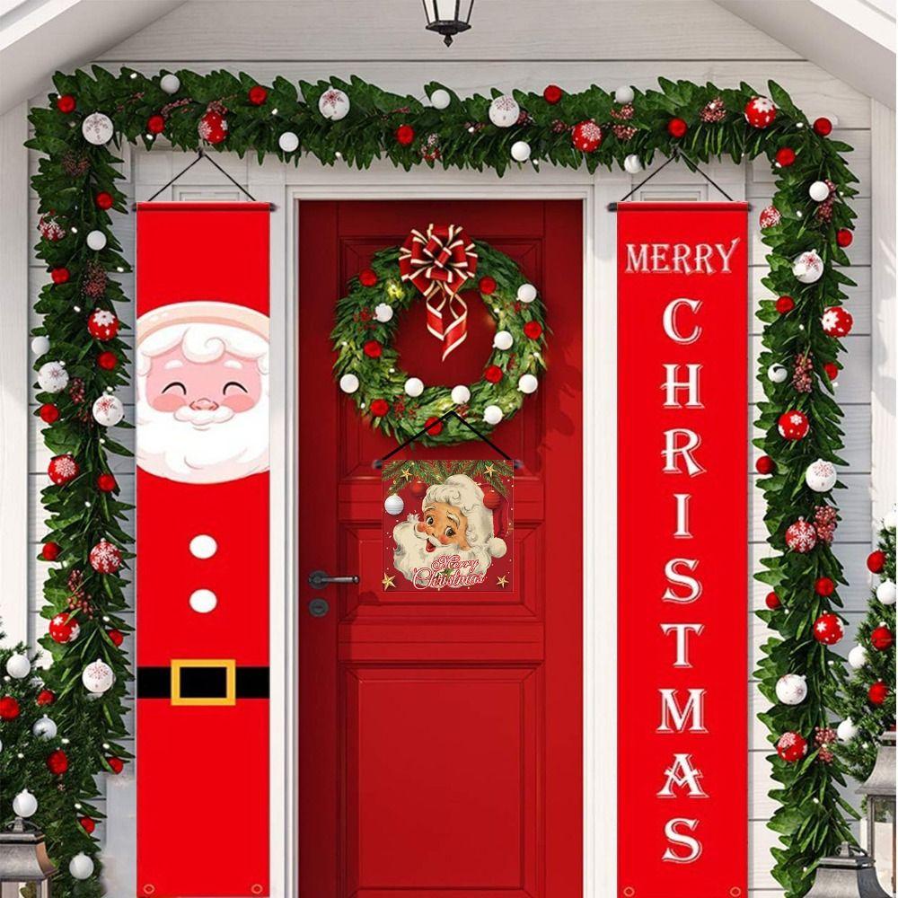 1pair Cloth Santa Claus Christmas Door Banner Cute Snowman Christmas Porch Sign Decorative Christmas Hanging Banner