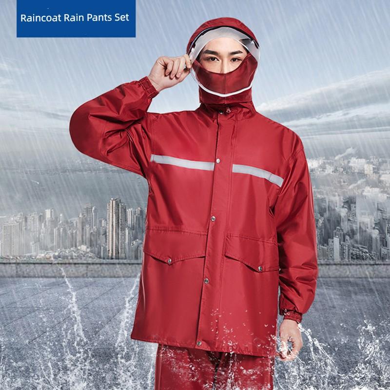Raincoat and Rain Pants Set for Men, Thickened Long Style, Full-Body Split Design, Suitable for Electric Bike Riding, Adult Heavy Rain Protection