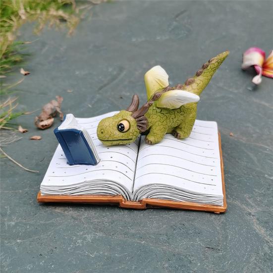 Mini Dragon Figurine Fantasy Dragon On Book Reading Statue for Fairy Garden Terrarium Bookshelf Desk Decor