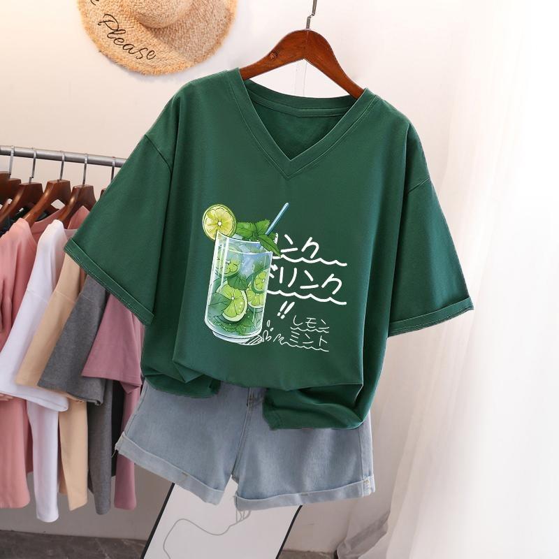 Kurzärmeliges T-Shirt für Damen Große Größe Lockeres und Schlankmachendes Design Nische Reine Baumwolle V-Ausschnitt Oberteil, das den Bauch bedeckt