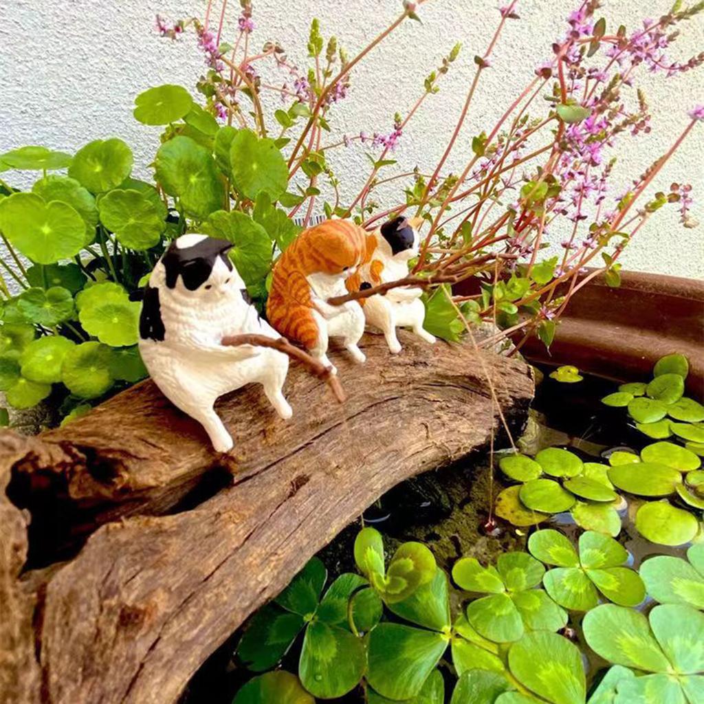 Animal Aquarium Decorations Miniature Fishing Cat Figurines Set Safe Material Decoration for Small Medium Fish Tanks