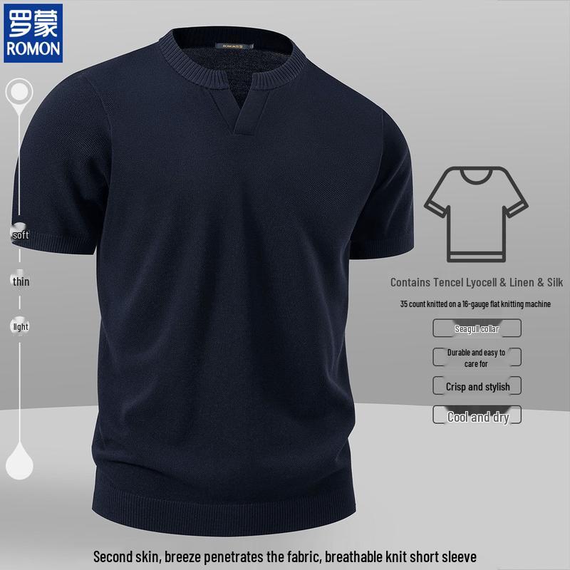 ROMON Men s Linen & Silk Blend Seagull Collar Short Sleeve T-Shirt L