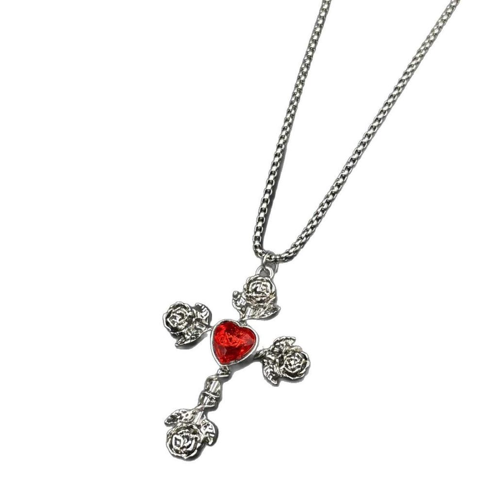 Gothic Punk Heart Gemstone Rose Cross Pendant Necklace