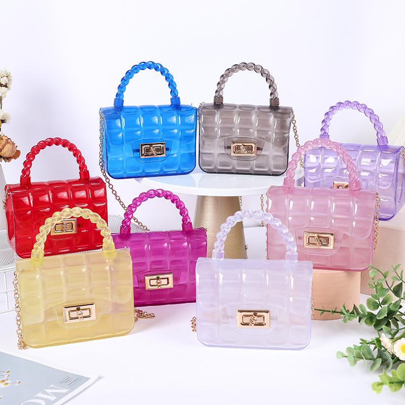 girls Grid Mini Crossbody Fresh Sweet PVC Jelly Bag Wholesale Foreign Trade Crossbody Purse With Lock Buckle Chain Candy Color