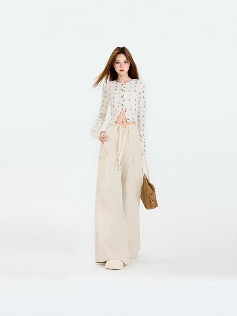 Damen Sommer Grüne Cargohose - Amerikanischer Stil, Elastischer Bund, Kordelzug, Mehrere Taschen, Lässiges Weites Bein Design