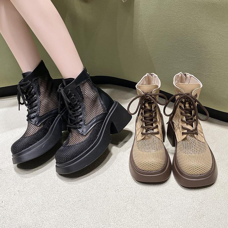Fashion Aphixta 7cm Square Heel Breathable Mesh Ankle Boots Women Platform Lace Up Zip Close Summer Boots Platform Shoes Woman Boats