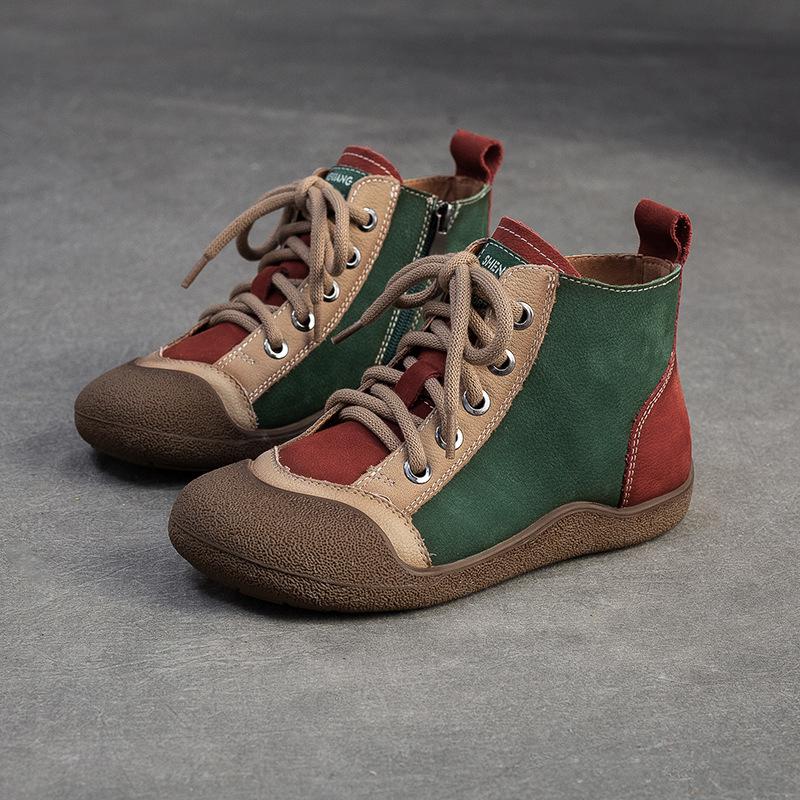 Johnature Mixed Color Genuine Leather Lightweight Comfortable Ankle Boots Retro Versatile Warm Women's Shoes