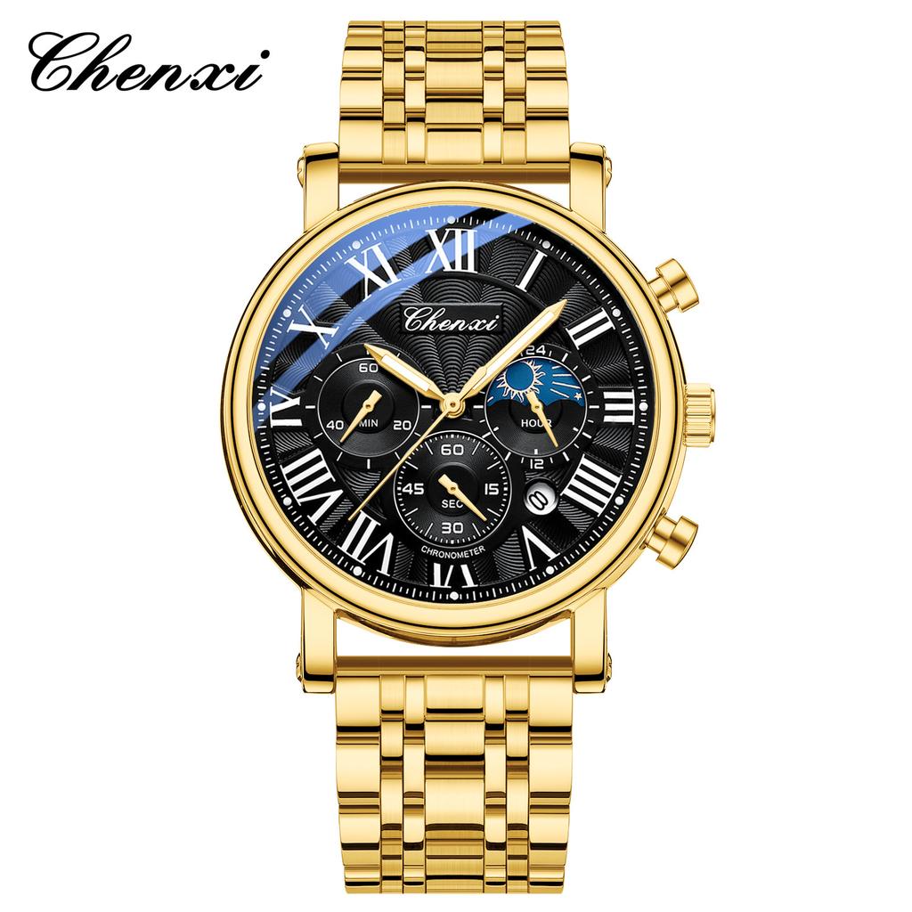 Business Gold Quartz Watches For Men Chronograph Calendar Man Watch Fashion Moon Phase Waterproof Men's Wristwatches
