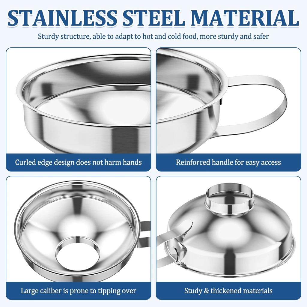 3 Packs Stainless Steel Canning Funnels with Strainer Wide Mouth Jar Funnels Kitchen Gadgets for Jam Oil Spice Sugar Flour