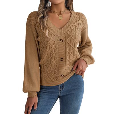 Long Lantern Sleeve V Neck Sweater Women Drop Shoulder Button Decor Pullover Cable Knit Shirt Top
