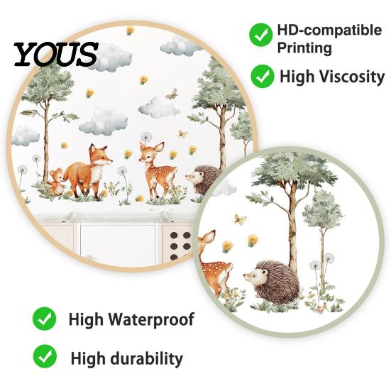 Waterproof Wall Decoration for Bathroom Glass Watercolor Forest Animals Stickers, Cute Fox Deer Hedgehog PVC Decals, Versatile Decor Party Settings