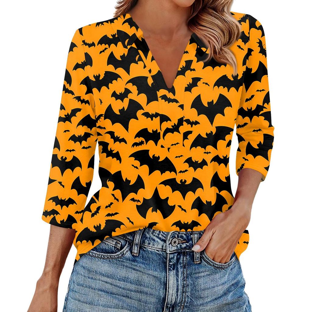 Damenmode Lässig Revers 3/4 Ärmel Halloween Print Hemd Damen V-Ausschnitt Oberteile