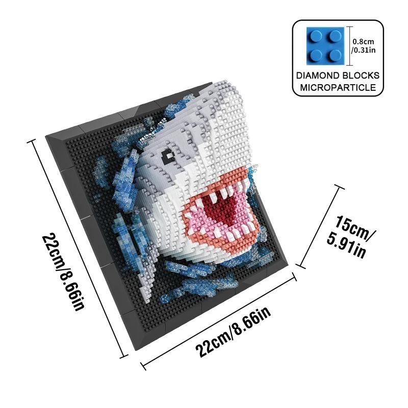 DIY 3D Haifisch Bausteine Puzzle Tier Haifisch Monsterkopf Wandbilder Mikrosteine Kinder Montagespielzeug Erwachsene Kinder Weihnachten Geschenke
