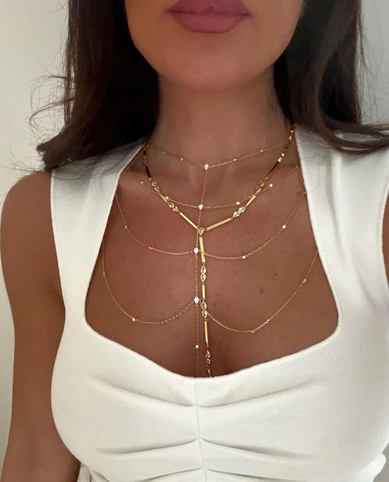 Summer Dancing Party Sexy Body Chain for Women 18K Gold Plated Mini Tassel Chain Setting Iced Out Zircons Jewelry