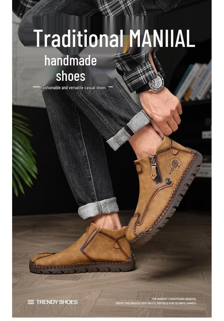 Autumn/Winter Men's Mid-Top Leather Slip-On Martin Boots - Large Size, Handmade, Stitched, Business Style.
