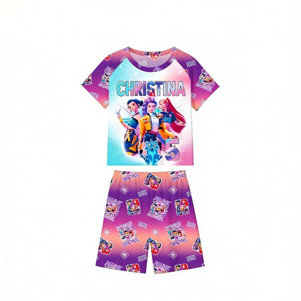 Zomer Kinder Pyjamaset Kpop Demon Hunters Bedrukt Kinder O-hals Korte Mouw Tops Shorts 2 Stuks Zomer Meisjes Casual T-shirt Sets