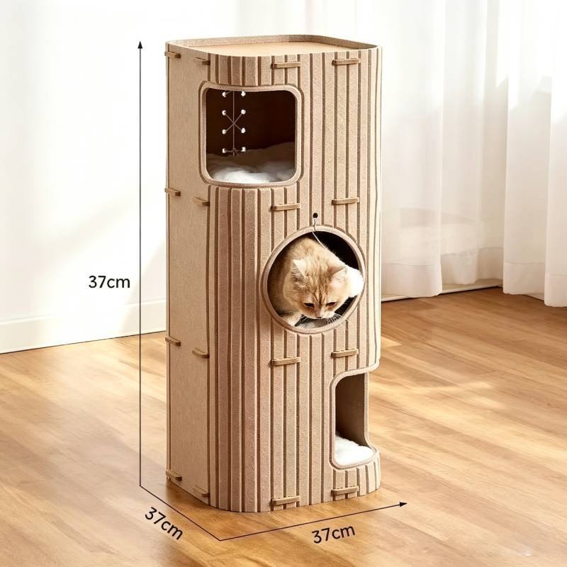 Cat Scratching Post With Multistory Cat House Made Of Polyester And Felt For Indoor Play