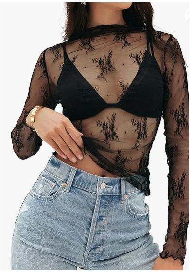 Women's Mesh Transparent Lace Layered Top Neck See-Through Shirt