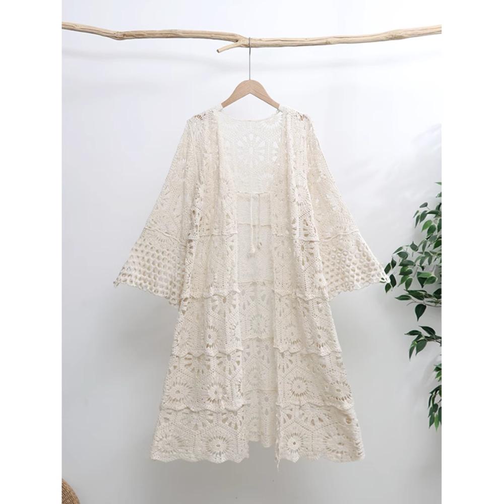 

DIMANAF 2025 Новый Синий Кардиган Женский Вязаный Кружева Длинный Жилет Ажурный Летний Стиль Базовые Топы Футболки Свободная Одежда One Size бежевый