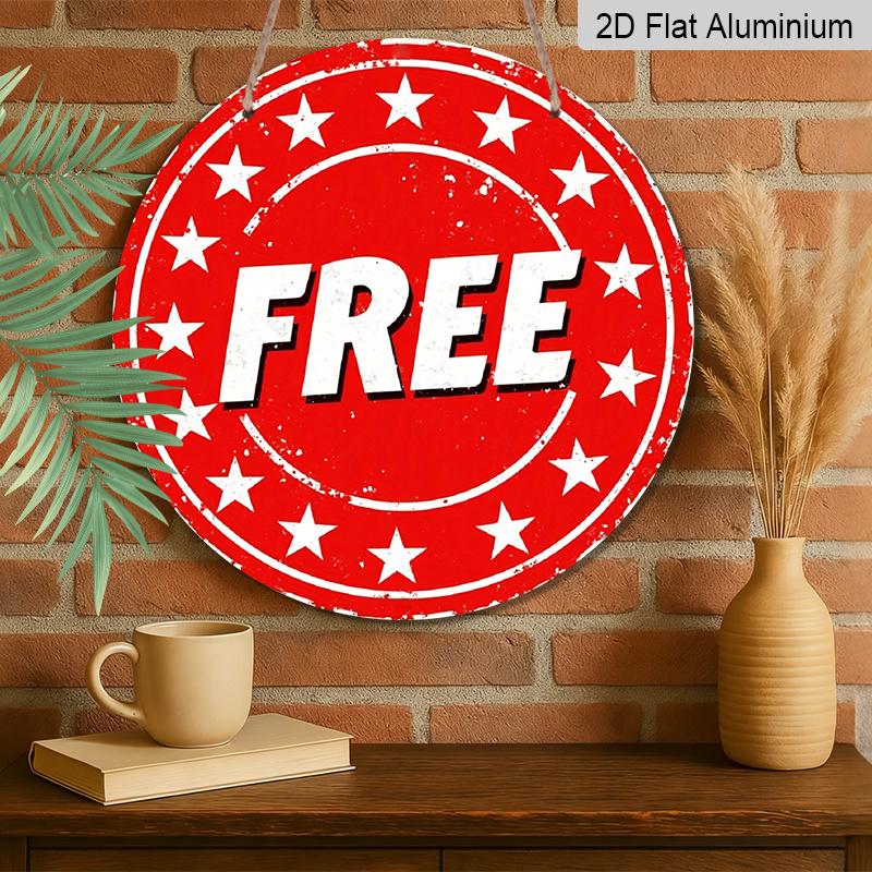 2D Flat, 1pc Round "FREE" Aluminum Hanging Sign, Red Vintage Star Border Design, Retro Metal Door Hanger, Perfect for Business Storefront, Shop