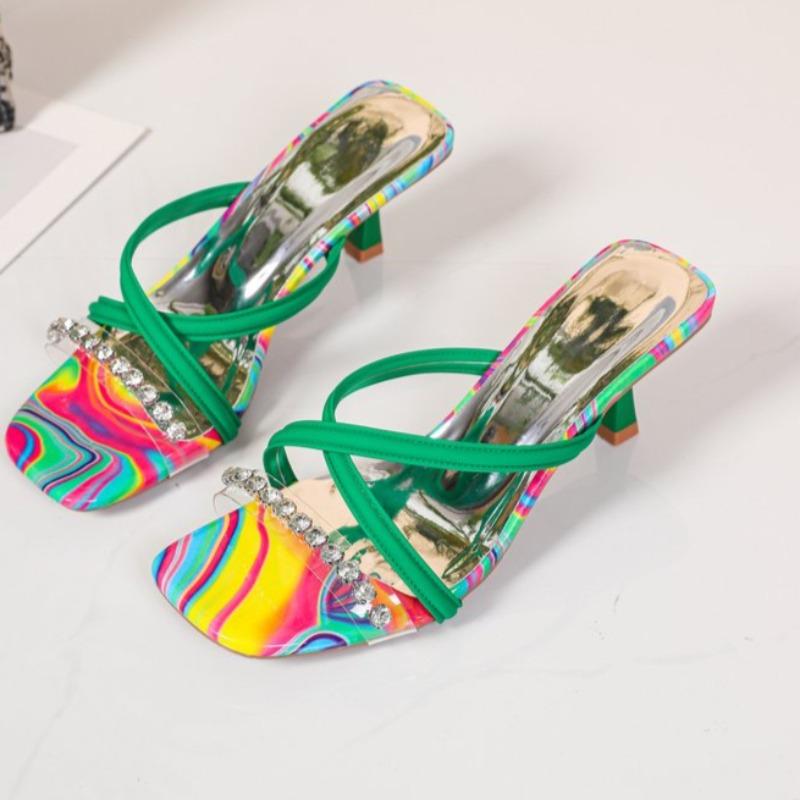 Women's Stiletto Slippers Summer New Square Head Open Toe Crystal with Fine Strap Anti-slip Wear-resistant High Heels