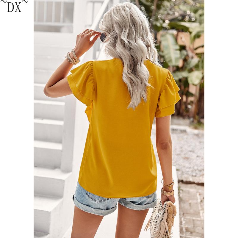 DX~~Short Sleeved Shirt Women's Summer Style Commuting V-neck Ruffle Top