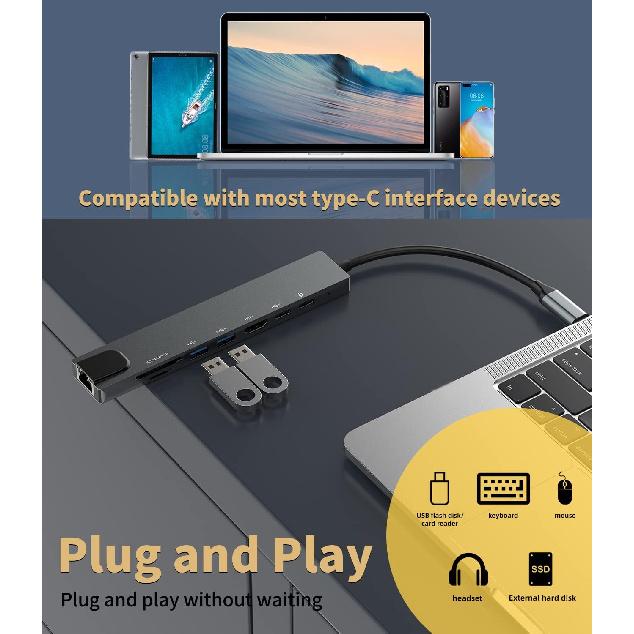 USB C to HDMI,Ethernet,USB A,Type-c,TF Micro SD Card Reade(8in1) Dual Monitor for TV Display Dongle Adapter Docking Station Hub Laptop Extender