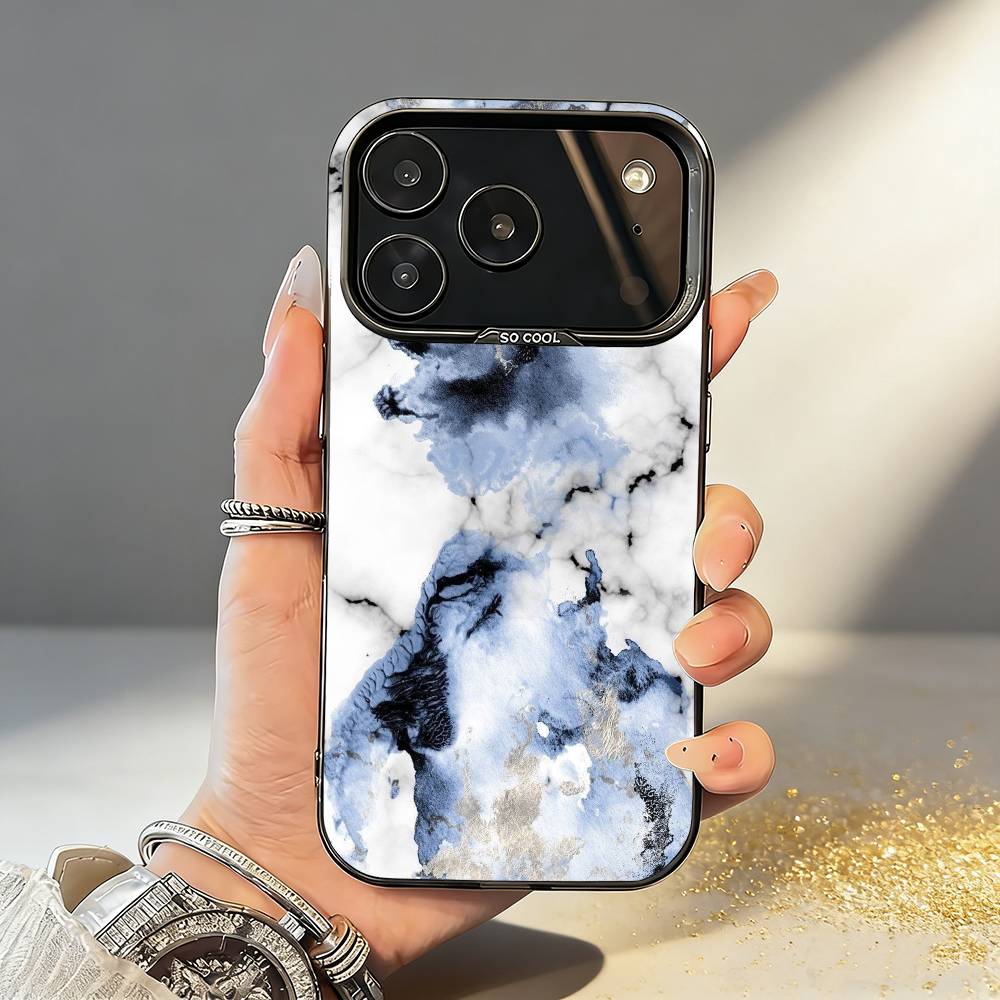 G-Glitter Art Marble Pattern Phone Case For iPhone17,16,15,14,13,12,11,Pro,MAX White Matte Shockproof Cover