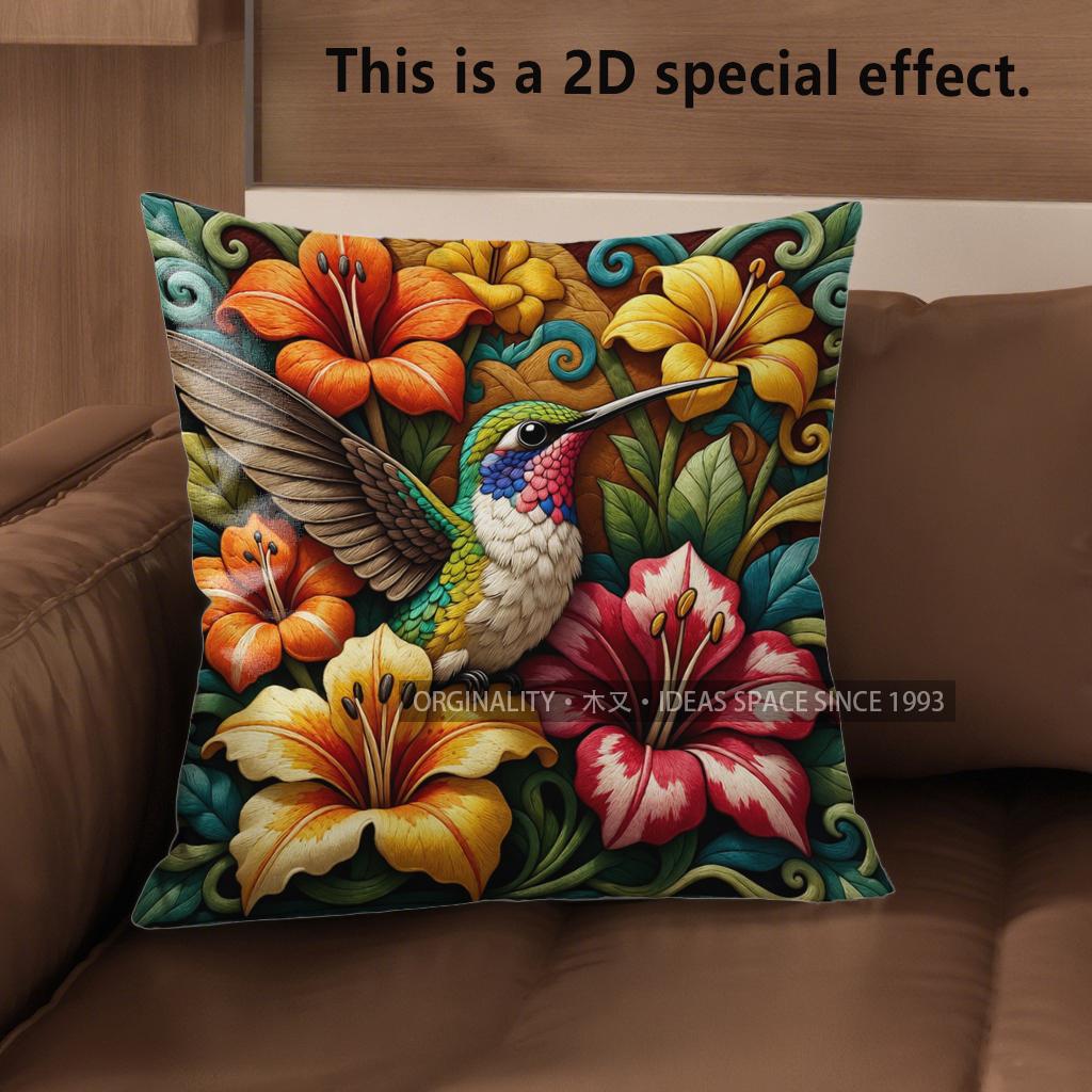 

2D Vintage Hummingbird Floral Throw Pillow Covers Pattern Cushion Cover Suitable For Sofa Bedroom Car Pillow Cover 40x40cm