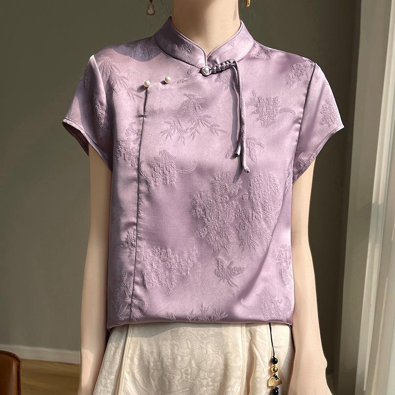 

Летняя женская футболка, шелковая футболка с воротником-стойкой и пуговицами, винтажные атласные топы с короткими рукавами и принтом L фиолетовый