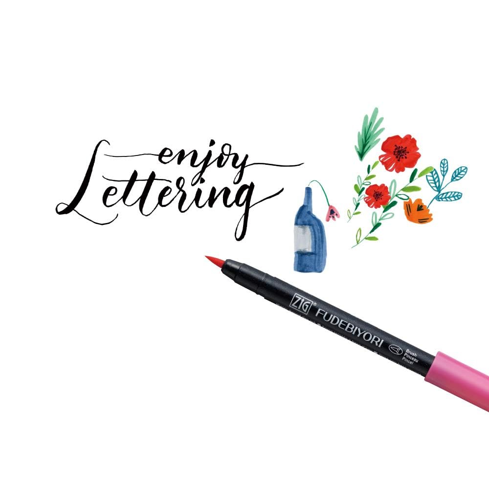 Caneta Pincel Kuretake ZIG FUDEBIYORI AP Flexível Pincel Duro Eficaz para Fino Grande Profissional Fabricado no Japão Conjunto de 24 Cores, Certificado, Sem Odor,