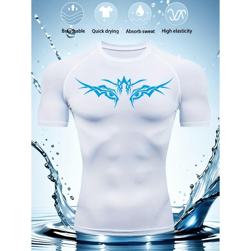 Men's Black Compression T-Shirt with Blue Tribal Geometric Print, Breathable Quick Drying Absorbent High Elasticity Gym Workout & Sports Training Top