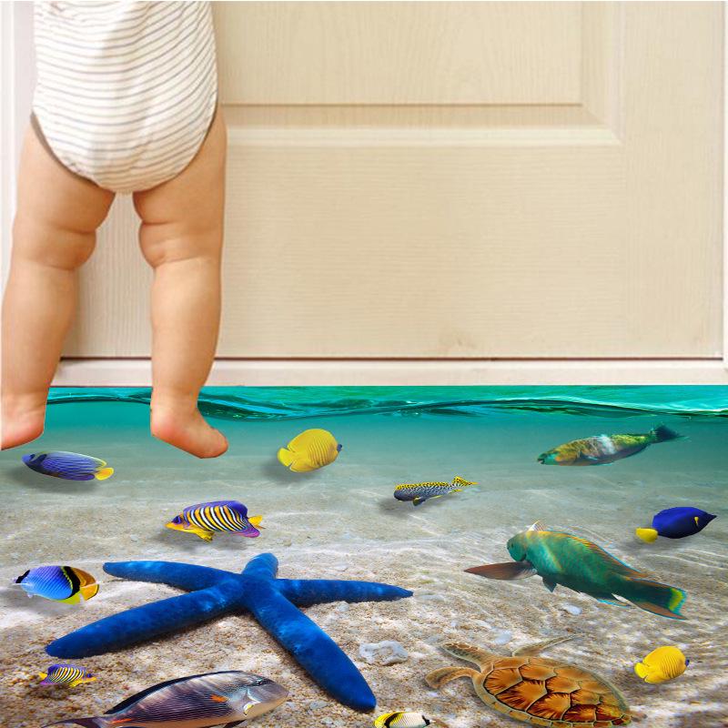 Aftagelig Strand Hav 3D Vægklistermærke, 60x90cm, Vandtætte Søstjerne Gulvklistermærker Vægdekorationer til Børneværelse Vuggestueindretning