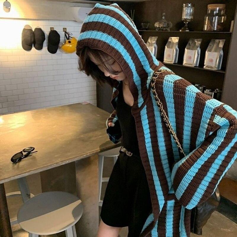 Strickjacke pullover weibliche 2022 casual frauen top Koreanische langarm chic design streifen mit kapuze pullover weiblichen mantel tops