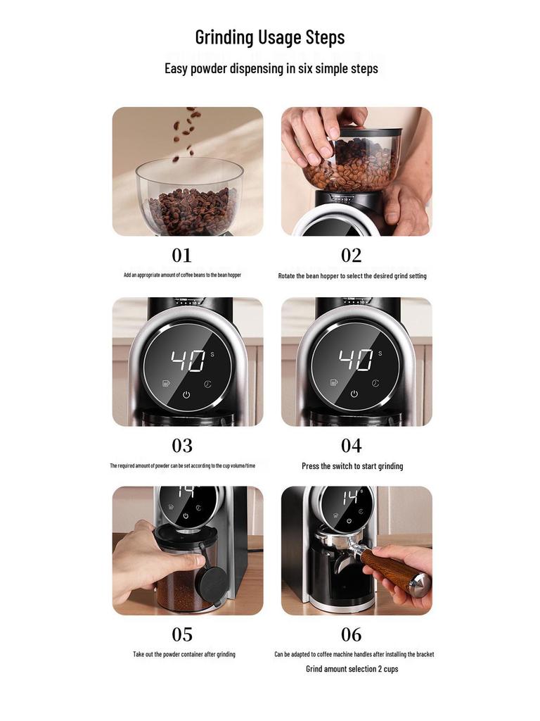 Adjustable Scale Smart Electric Coffee Grinder with Steel Core for Italian Style and Hand Drip Coffee