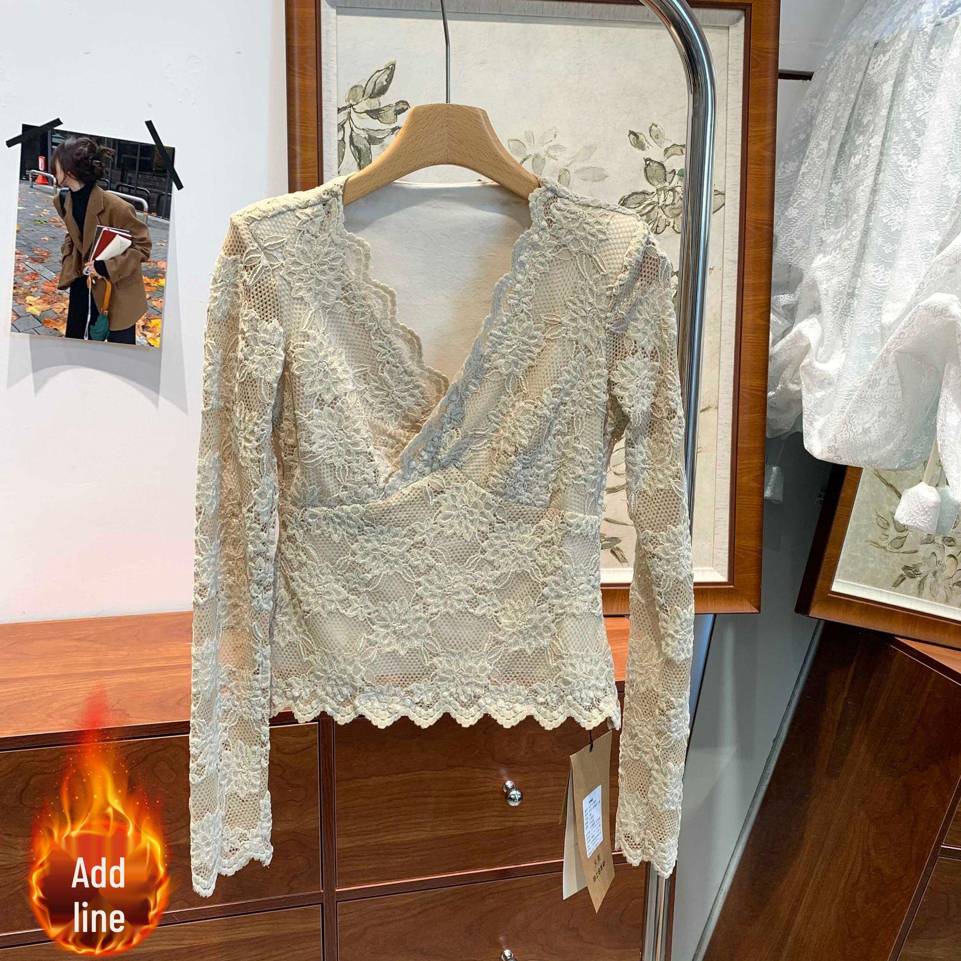 

Elegant Velvet Lace Long Sleeve T-shirt – Sexy, Versatile Autumn/Winter Pullover Top Extra Large