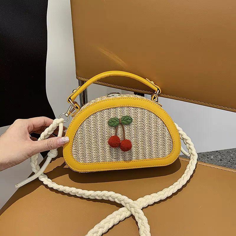 2025 Fashion Design Cherry Pattern Creative Straw Woven Patchwork Small Handbags Cute Crossbody Shoulder Bag Travel Beach Bag