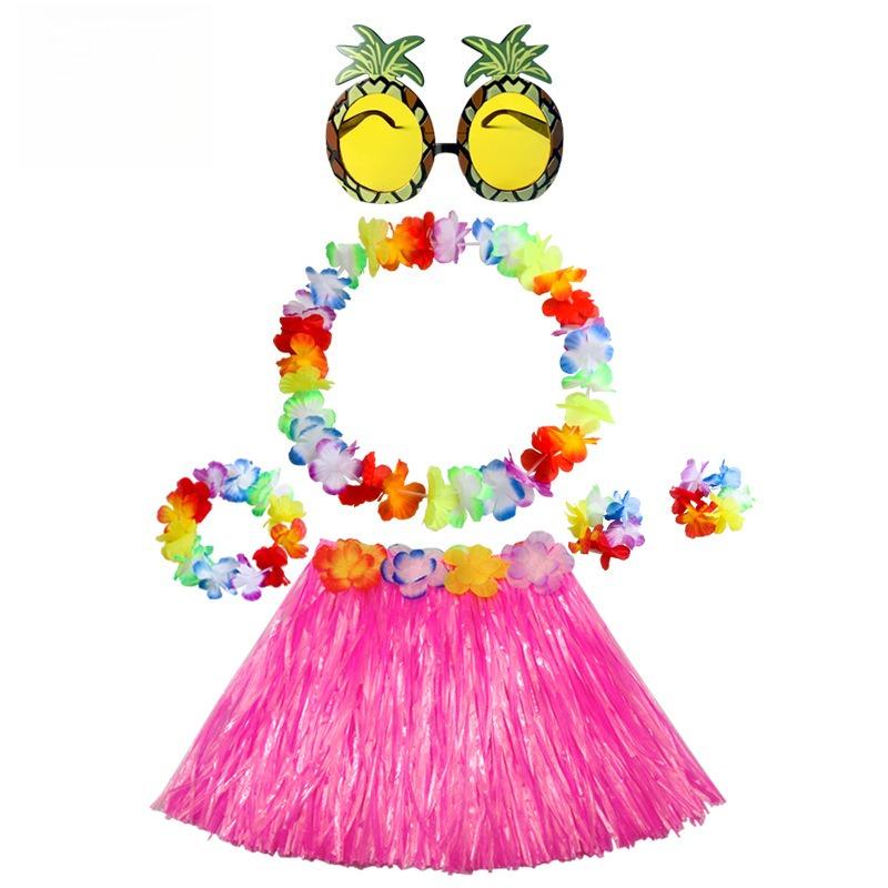6pcs Set 30CM Single-layer Grass Skirt Wreath Pineapple Glasses Festival Party Atmosphere Performance Outfit Combination Set