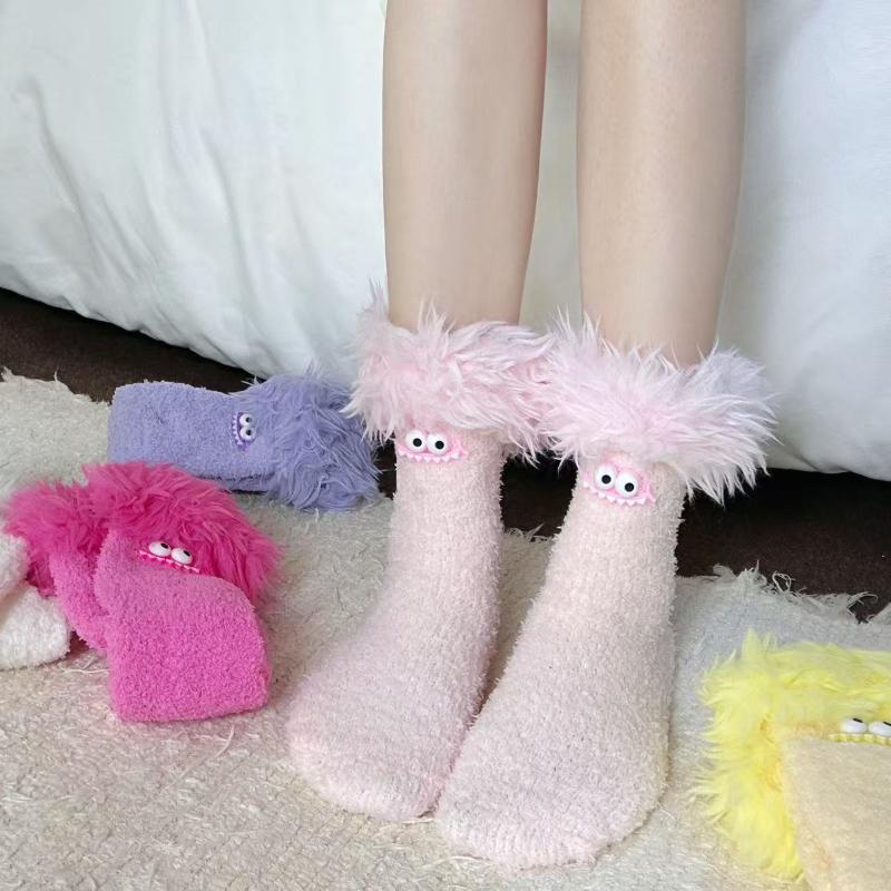 Funny Big Mouth Monster Plush Socks Cartoon Creative Warm Plush Thick Coral Velvet Sleeping Socks Winter Women Socks Gifts