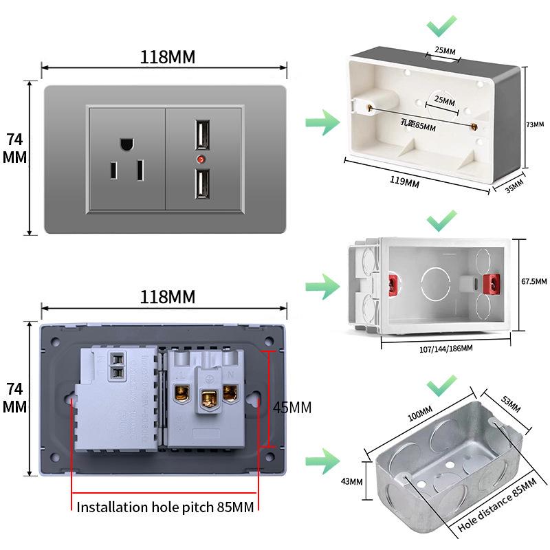 118 Type Switch Six-Hole Gray Wall Socket with Type-C 20W, Thai Style & PC Panel, Taiwan Socket