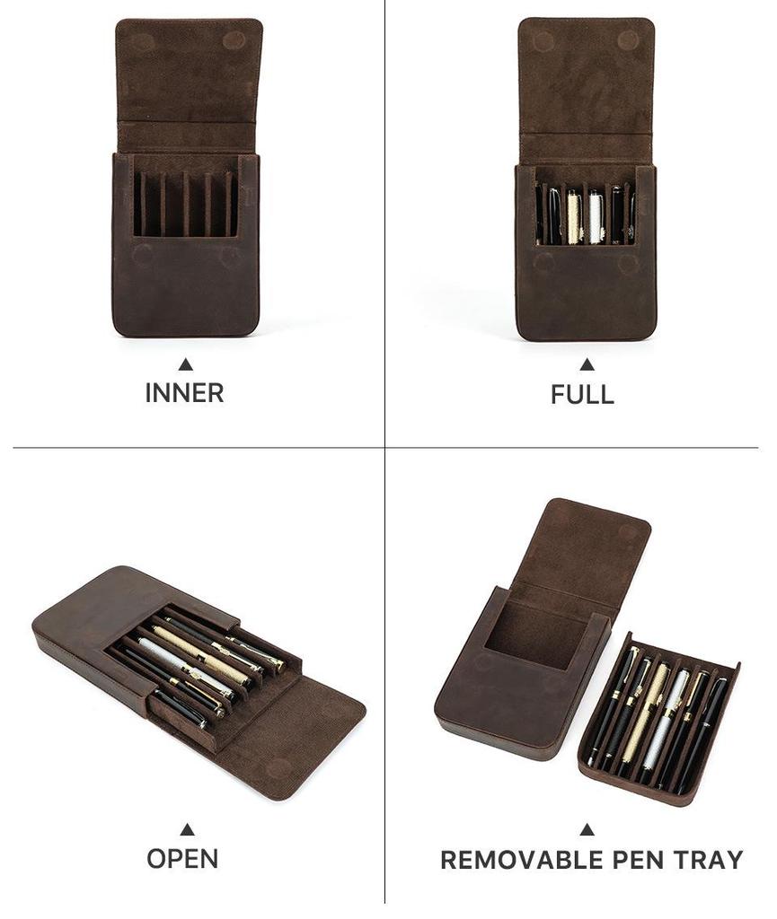 Crazy Horse Leather Handmade 6-Pen Magnetic Drawer-Style Fountain Pen Case