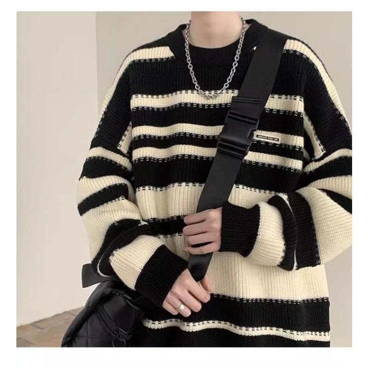 Men s Black & White Striped Round Neck Sweater, Autumn/Winter Japanese Retro Style Loose Knitwear 2XL