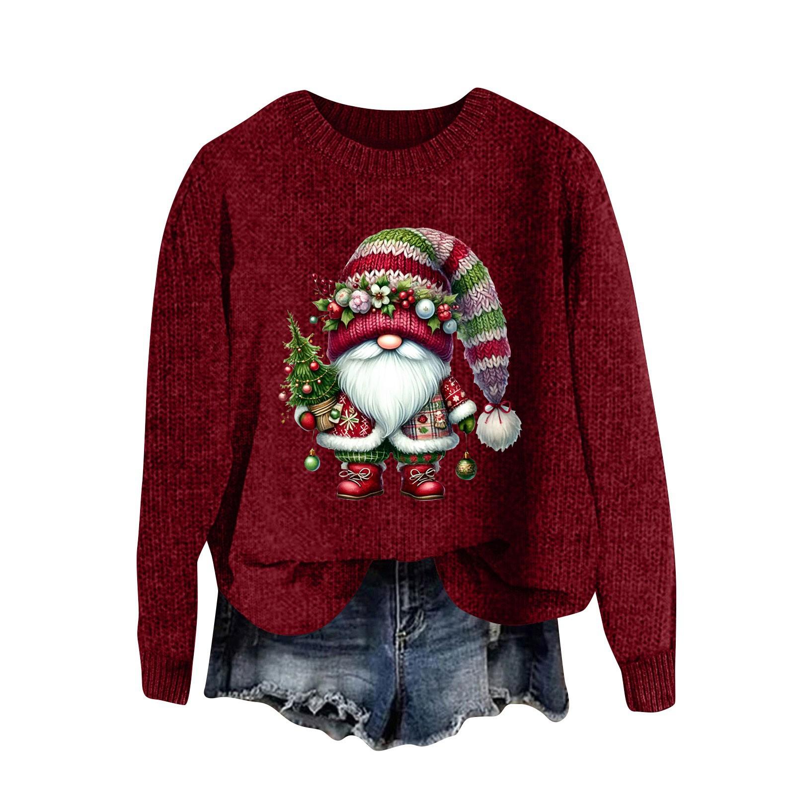 

Женский модный повседневный шерстяной трикотажный пуловер с длинным рукавом и рождественским принтом XXXL винный