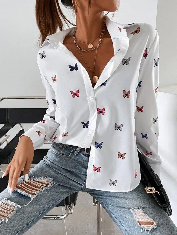 1116 European and American style women's cardigan long-sleeved shirt 1D printed butterfly versatile top