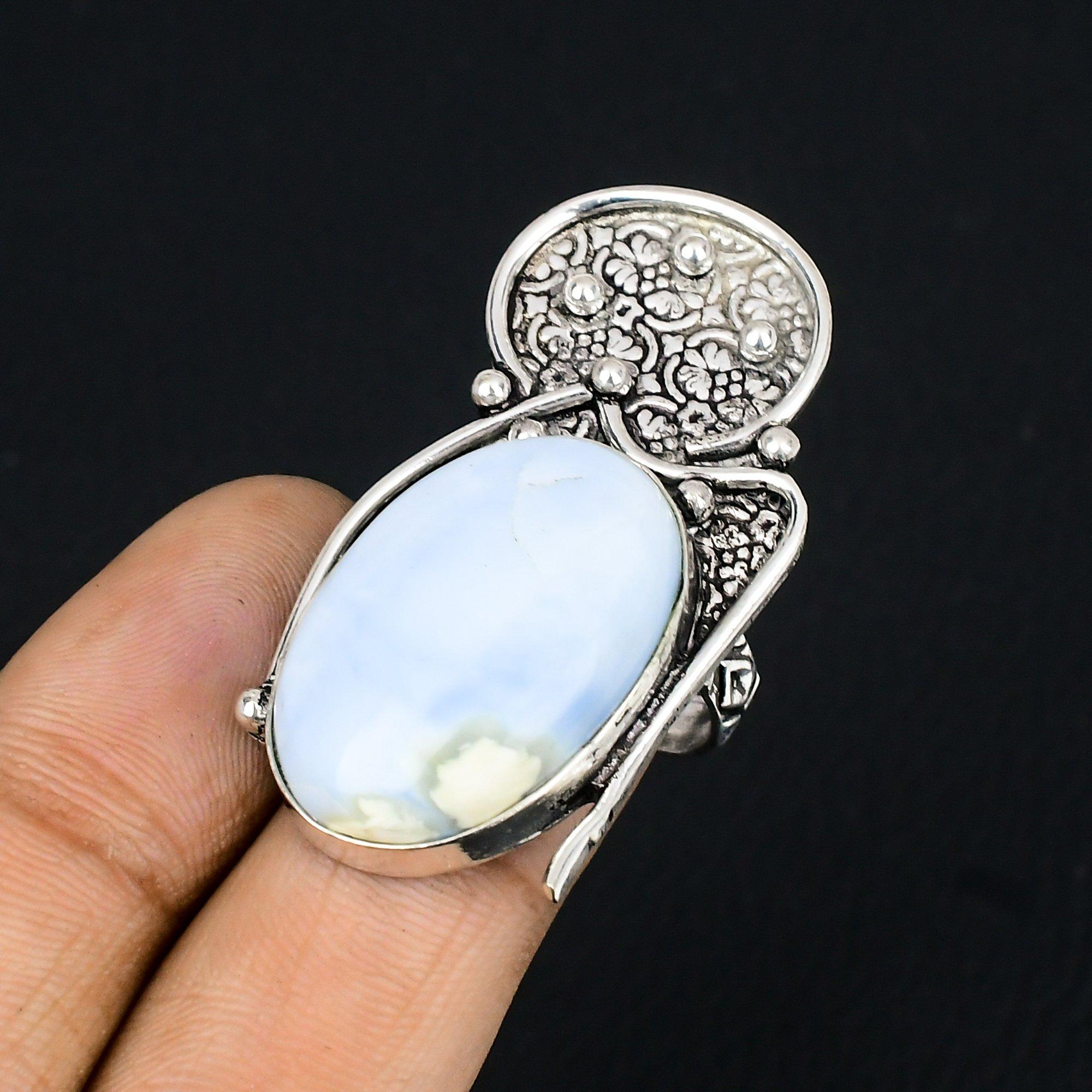 Halloween Sale 925 Sterling Silver Owyhee Blue Opal Gemstone Boho Ring Size 7.5 7.5