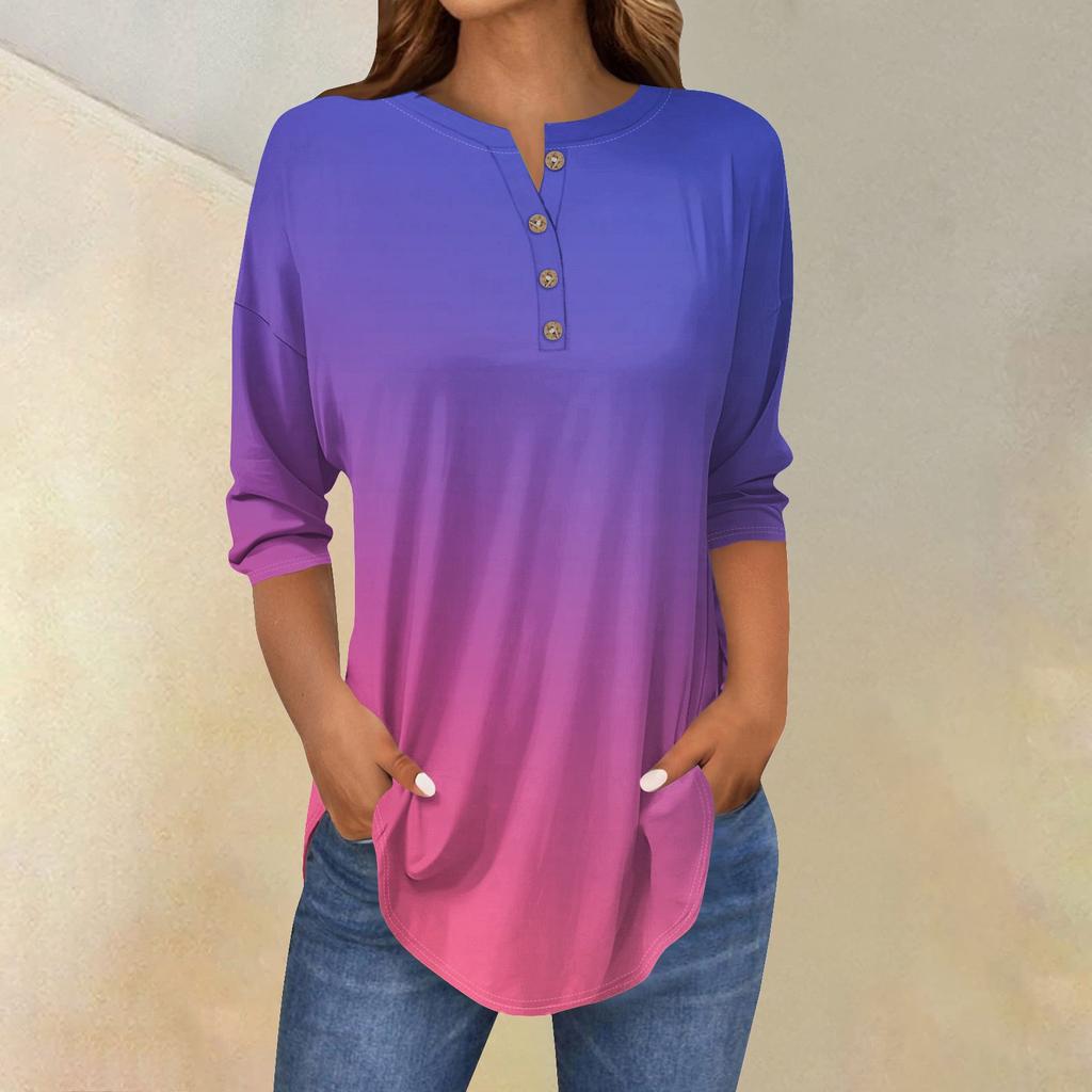 Women's Fashion Casual Three-quarter Sleeve Gradient Printed Round Neck T-shirt Top