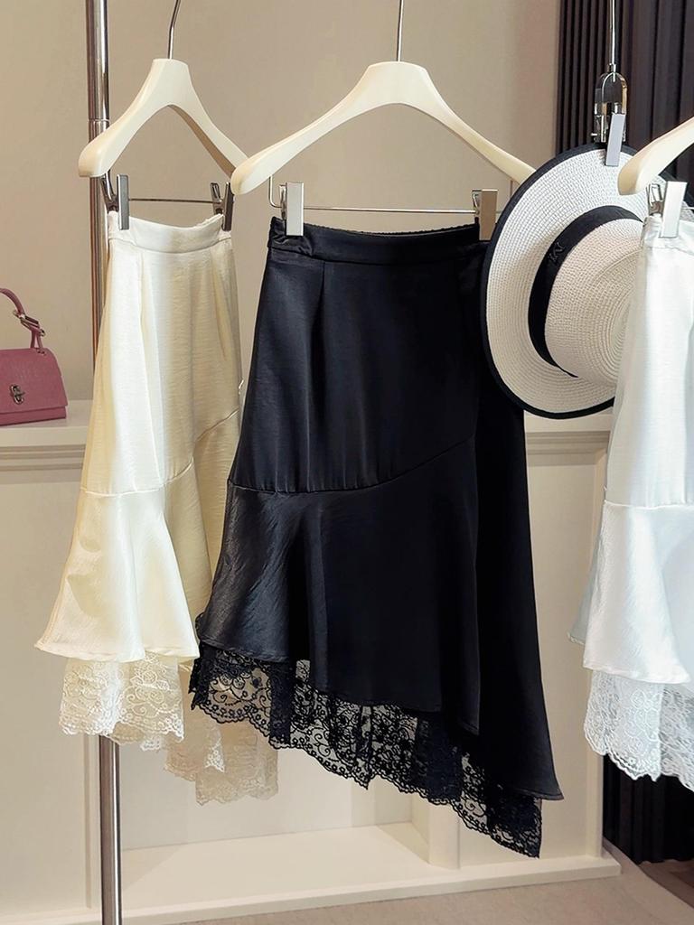 Elegant Lace Patchwork Satin Midi Skirt with Irregular Hem - Spring/Summer 2026 Collection