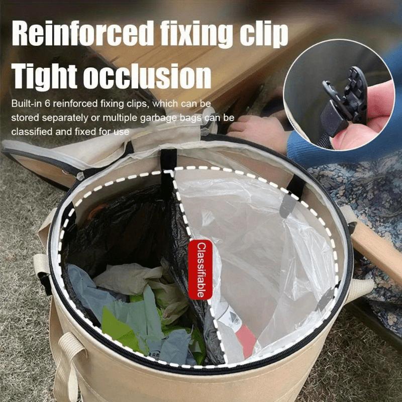 Folding Trash Can, Portable Storage Bag W/ Clip & Handle for Outdoor, Camping, Home. Durable & Collapsible.