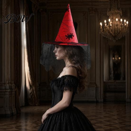 Gothic Wizard Costume Accessories Halloween Witch Hat, with Lace Mesh And Simulated Spiders, Unique Witchy Outfit for Adults Style Accessory, Parties